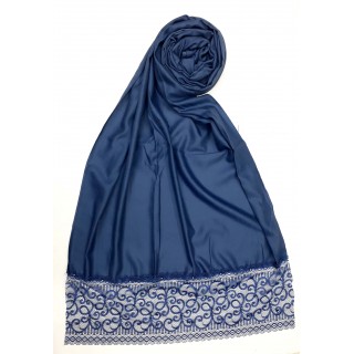 Designer Satin Women's Stole with lace printed border - Blue
